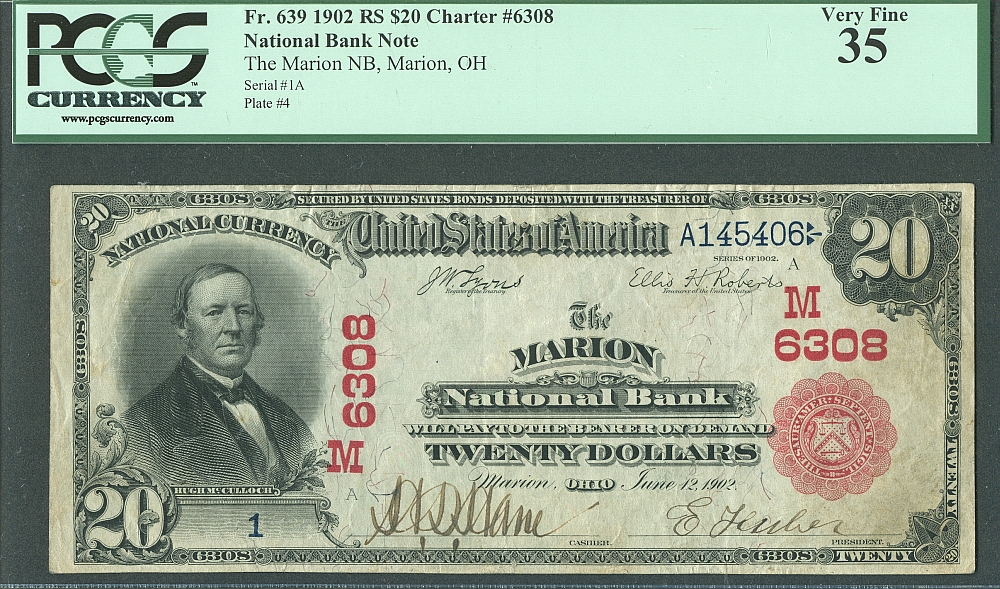 Marion, Ohio, Ch.#6308, Marion NB, 1902 Red Seal $20 Serial Number One